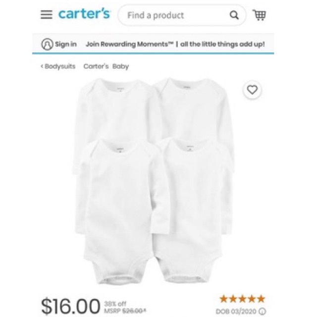 (Deal hot) Body chip trắng dài tay geogre, carter 100% cotton