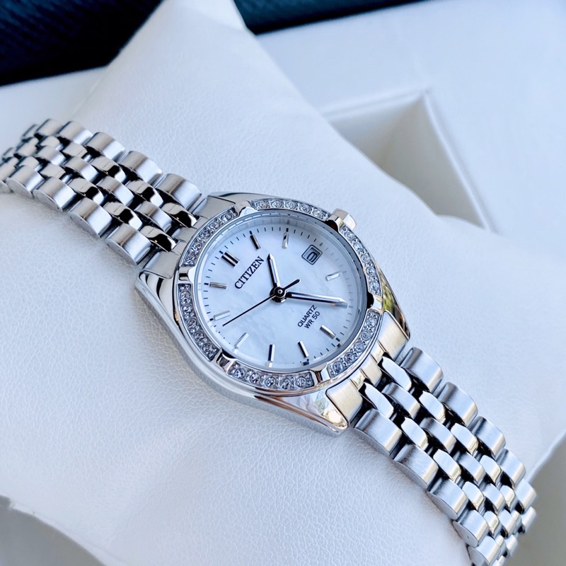 [Hàng chính hãng] Đồng hồ nữ Citizen EU-6060-55D Mặt trắng đính đá