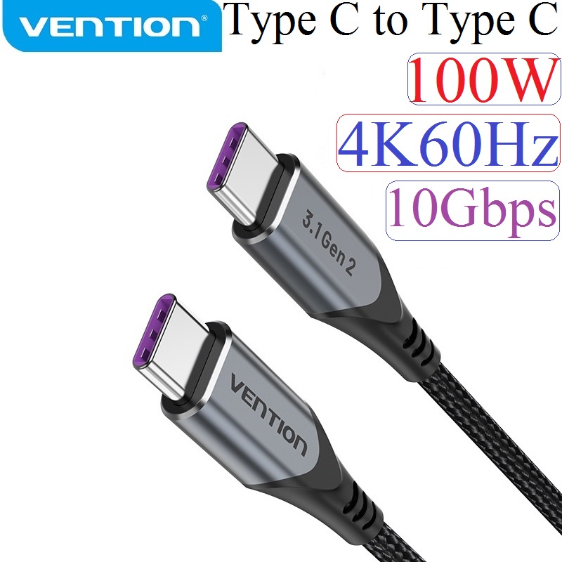 Cáp Type c to Type c usb 3.2 Vention truyền dữ liệu 10Gbps độ phải giả 4K@60Hz sạc PD 100W (TAH)