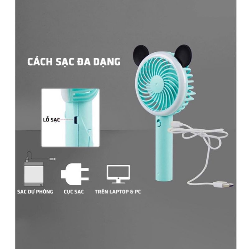 Quạt Mini Cầm Tay 3 Cấp Độ Gió Có Đèn Led - Quạt Tai Gấu Tích Điện Bỏ Túi