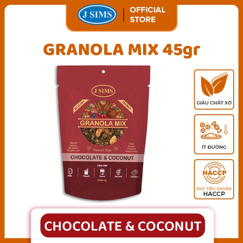 Gói Ngũ Cốc Granola Mix 45g Vị Chocolate & Coconut - Thực Phẩm Ăn Kiêng Tốt Cho Sức Khoẻ JSGMCC45x1