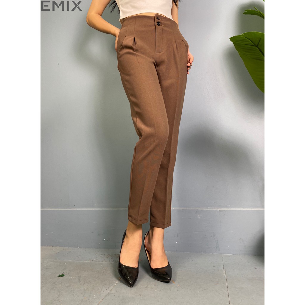Quần tây nữ baggy 2 ly EMIX (màu nâu), công sở, dáng dài, cạp cao, 2 cúc, vải tuyết mưa ít giãn, mềm mịn 208