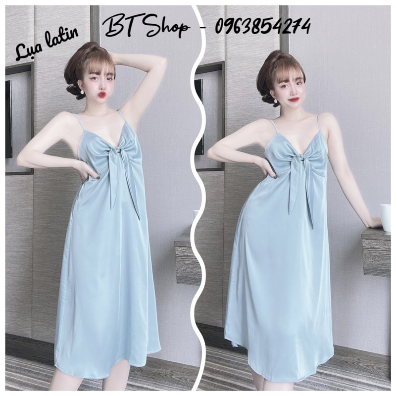 Đầm váy ngủ mặc nhà lụa latin 2 dây màu trơn freesize 42-57kg