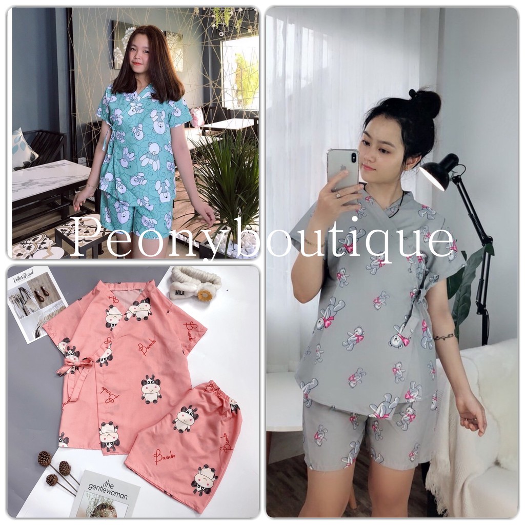 Bộ Kimono Cộc Tay PEONYB Nữ [FREESHIP]  Set pijama buộc nơ in hình cute, quần áo ngủ mặc ở nhà, mùa hè Ulzzang HOT