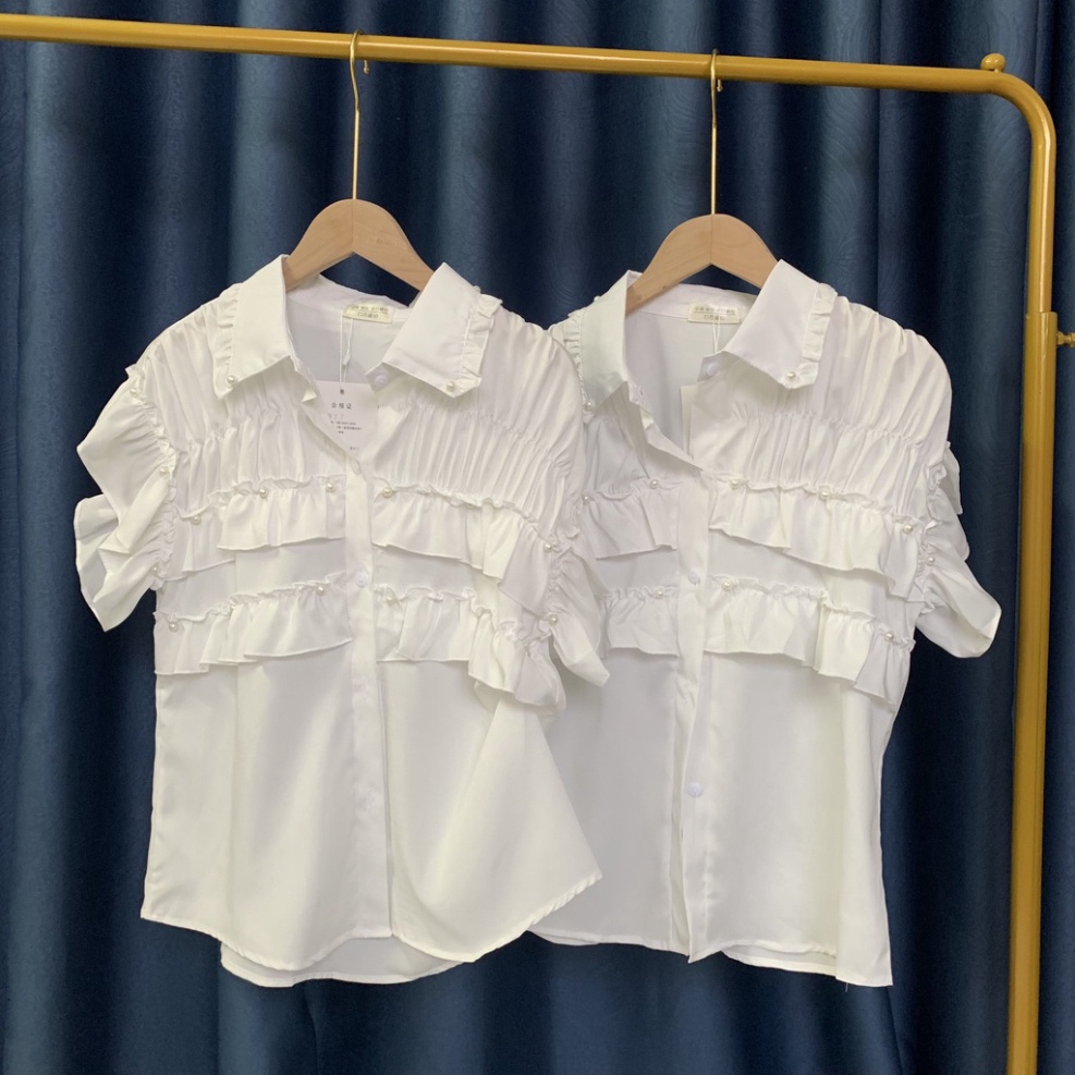 Áo sơmi trắng nhún bèo tầng ngắn tay đính ngọc xinh xẻo xa hoa A116 Nội Y Xanh hàng đẹp trendy - nội y xanh