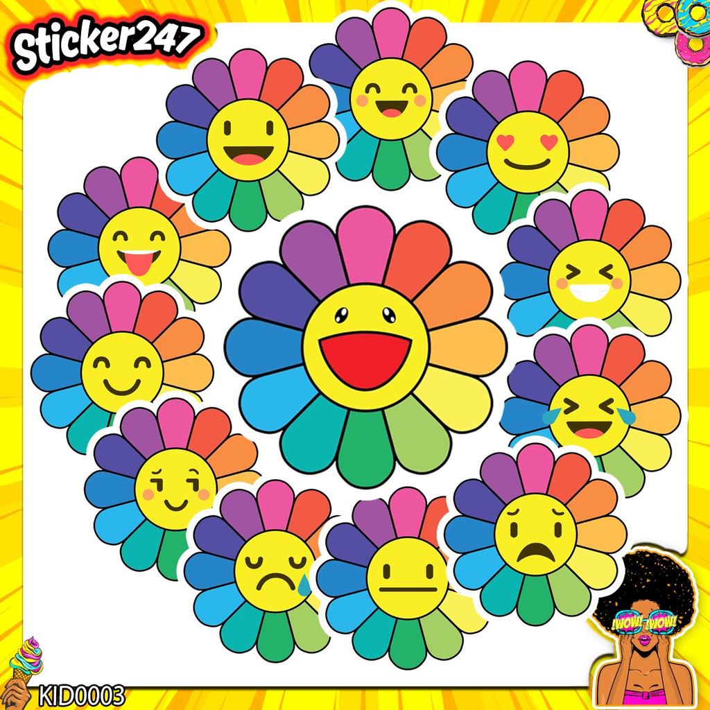 𝗦𝘁𝗶𝗰𝗸𝗲𝗿 dán hình bông hoa mặt cười Takashi Murakami gồm 12 hình biểu cảm  | KID0003 | Sticker 247