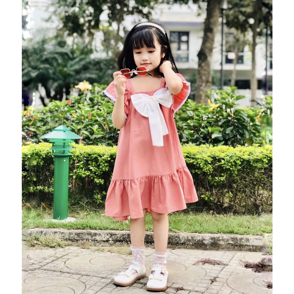 Váy đầm bé gái dáng suông đuôi cá thắt nơ vải trượt nhật cao cấp mùa hè Sunkid NN2 màu hồng 4-12 tuổi