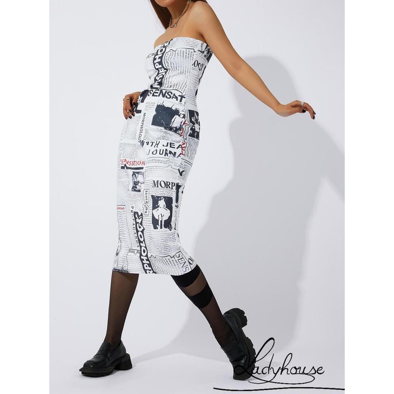 Ldd-đầm Ôm Dáng Không Dây In Hình Báo Cho Nữ Size S/M/L