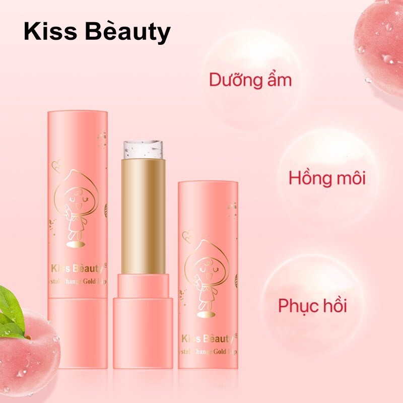 Son dưỡng đào KISS BEAUTY đổi màu trong suốt lá vàng dưỡng môi hồng môi Crystal Change Gold Lipstick KISS05