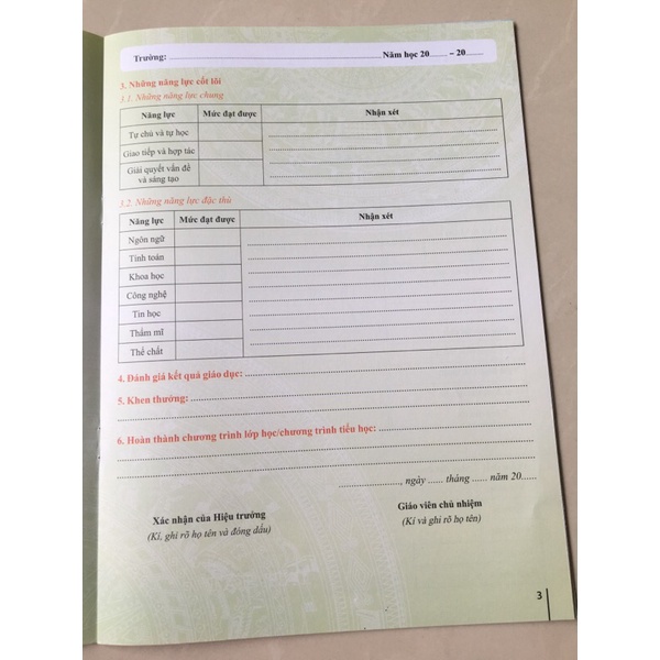 Học Bạ Tiểu Học Thông Tư 27/2020/TT-BGD