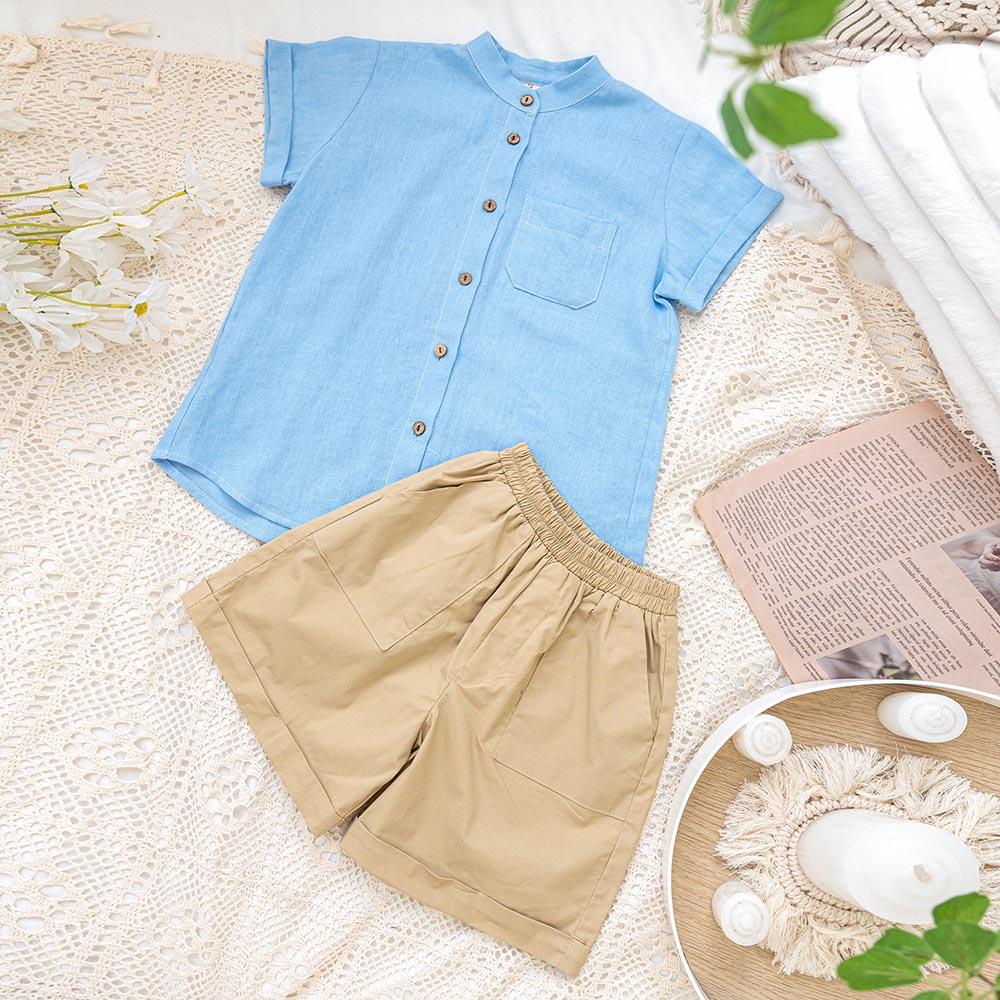 Áo sơ mi bé trai xanh dương cổ Tàu chất linen đũi mềm mịn mát hè thu MamLa