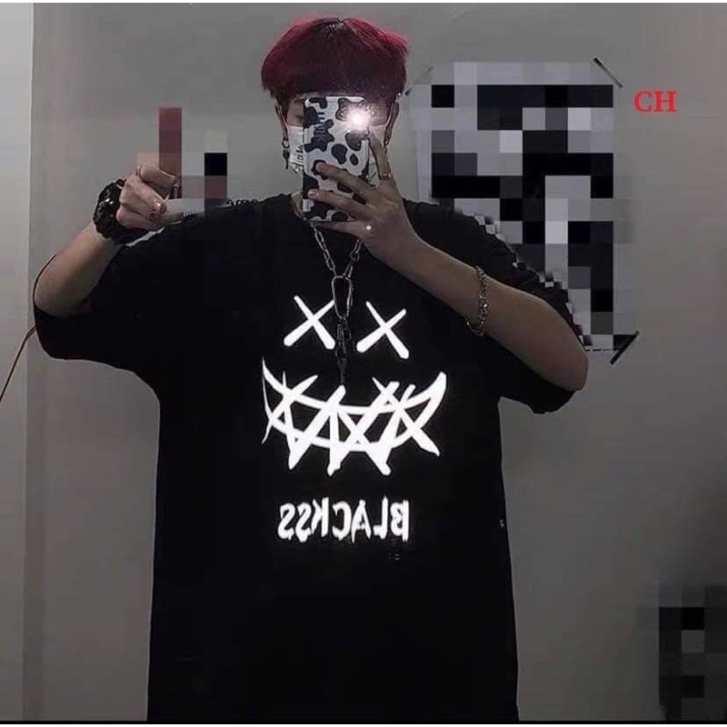 áo thun tay lỡ phản quang mặt quỷ răng cưa black Unisex nam nữ dáng rộng