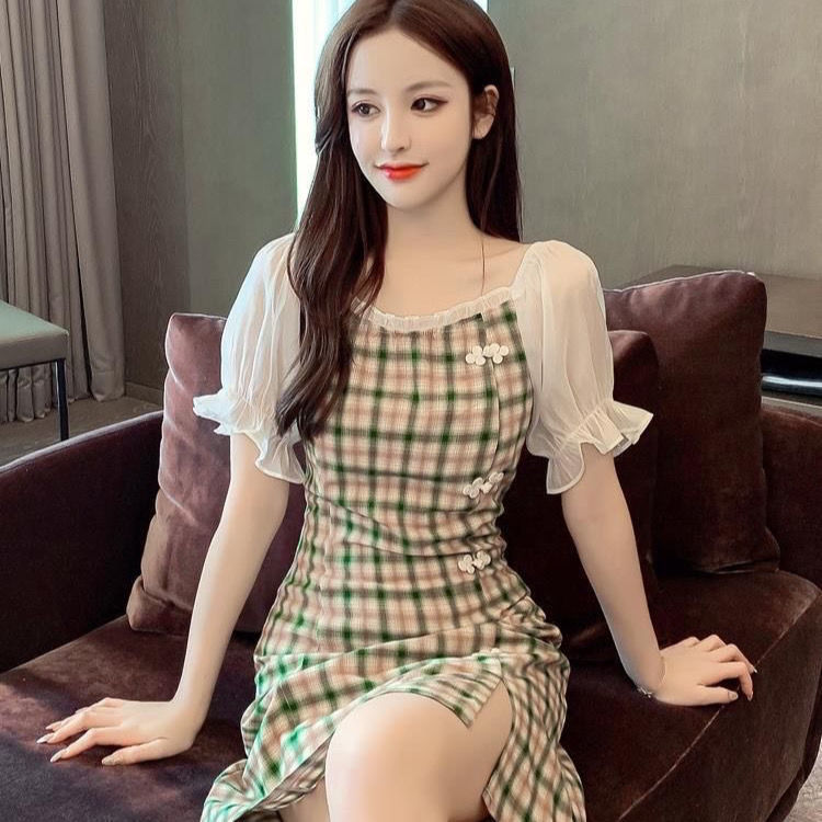 Summer split skirt Plaid cheongsam waist straight French dress | BigBuy360 - bigbuy360.vn