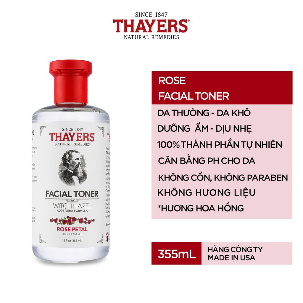 Nước hoa hồng Thayers Rose Petal Witch Hazel , Toner dưỡng ẩm dịu nhẹ hương hoa hồng 355ml