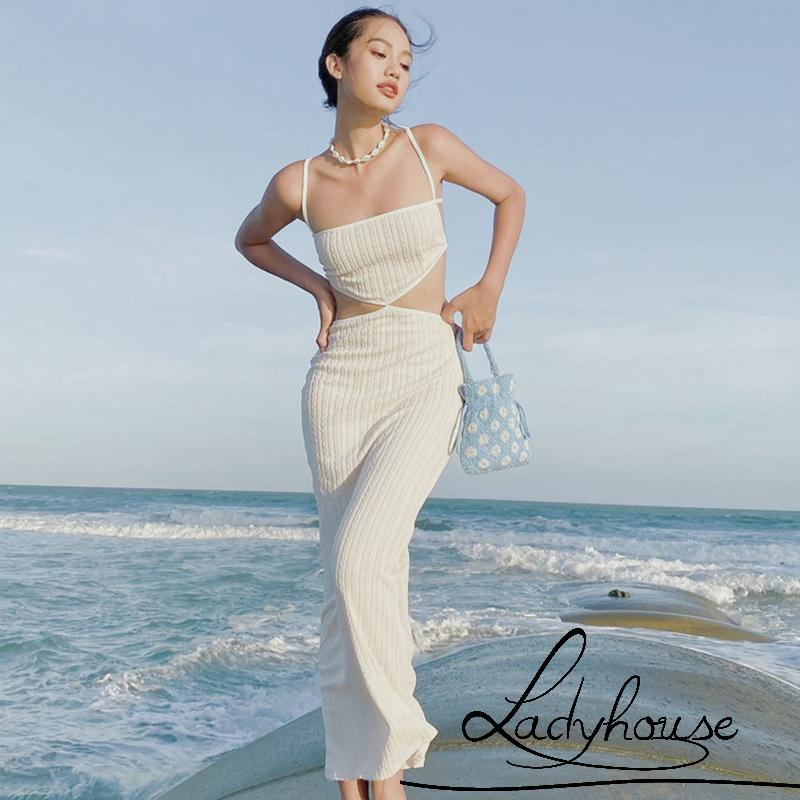 Đầm Dài Hai Dây Lưng Cao Màu Trơn Hở Lưng Thời Trang Mùa Hè Cho Nữ