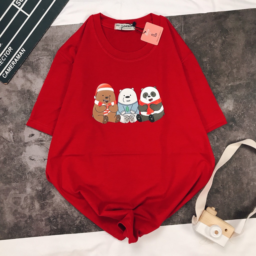 [HÌNH THẬT TỰ CHỤP] - Áo thun tay ngắn Be Yourself unisex size M L - 3 CON GẤU ĐỘI NÓN NOEL