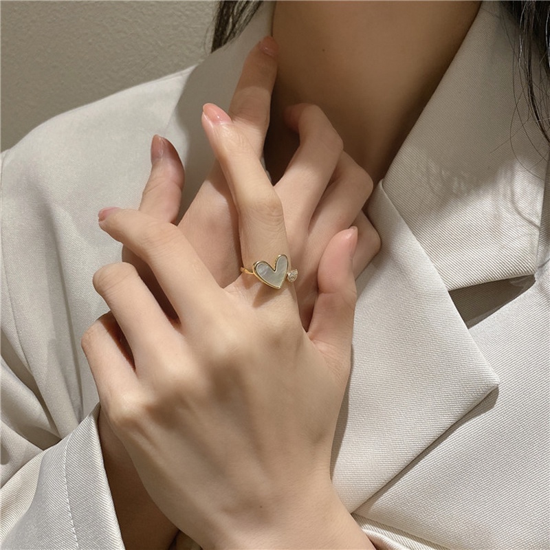 Thời trang Hàn Quốc 2022 Vỏ trái tim Nhẫn nữ Dát Zircon Mở có thể điều chỉnh