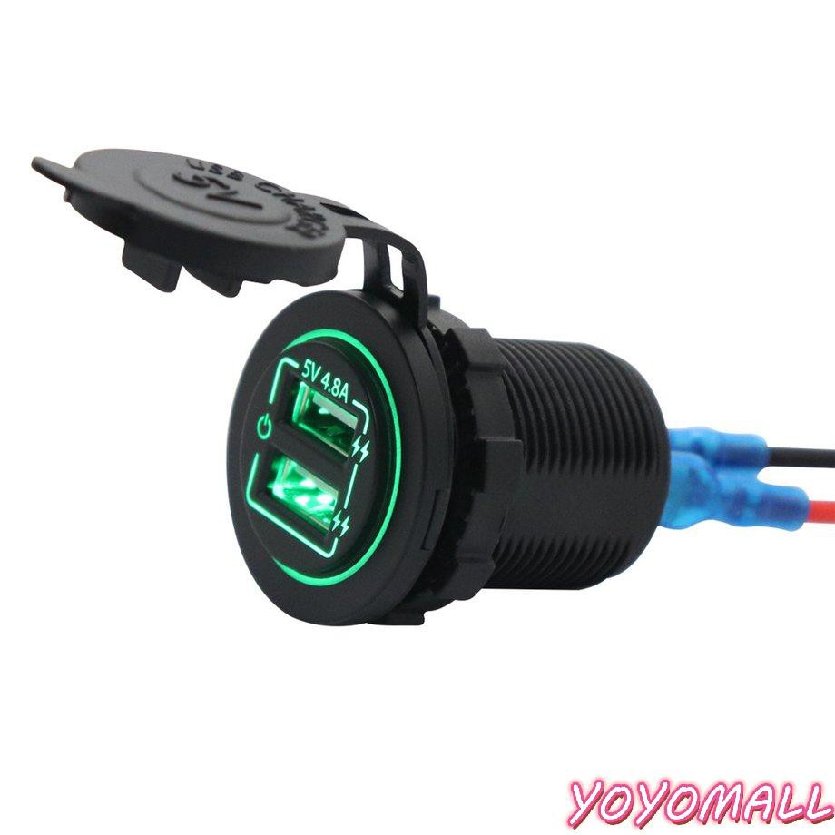 YOYO Dual Port Input USB Car Charger Socket 4.8A 5V Green Light Touch Button Switch