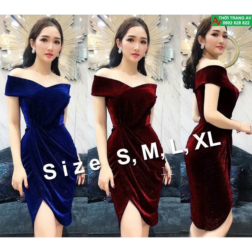 Đầm ôm body trễ vai nhũ kim tuyến dún eo vạt đắp chéo đầy sang trọng - AV6195