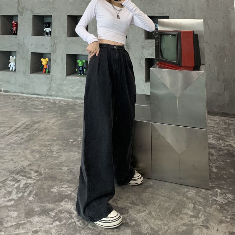 Quần jeans suông ống rộng màu đen cá tính Nhật Bản