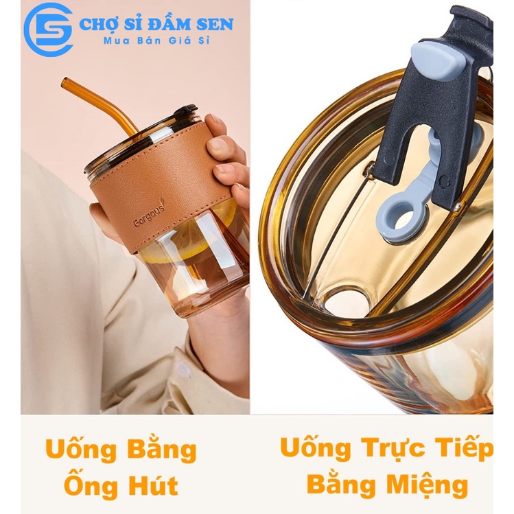 Ly thủy tinh có nắp đậy và ống hút bọc da chống nóng dung tích 450ml G397-LyBaoDa