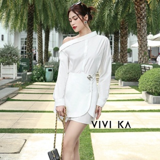 VIVIKA - Đầm sơ mi trắng lệch vai chất cotton poplin - VKD226N