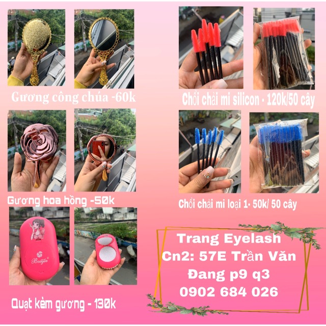 Gương soi + Chổi chải mi + quạt thổi mi