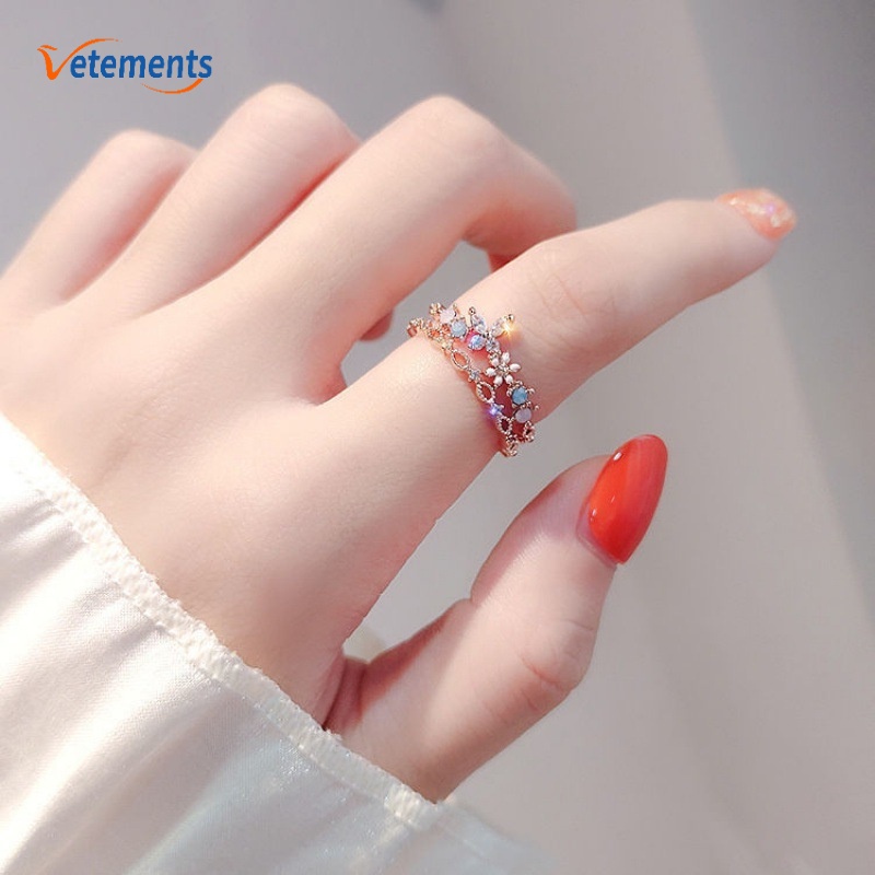 Nhẫn mở hai lớp dáng mỏng mịn nhẵn màu vàng hồng thiết kế hoa đục lỗ có thể điều chỉnh đính đá zircon ngọt ngào cho nữ