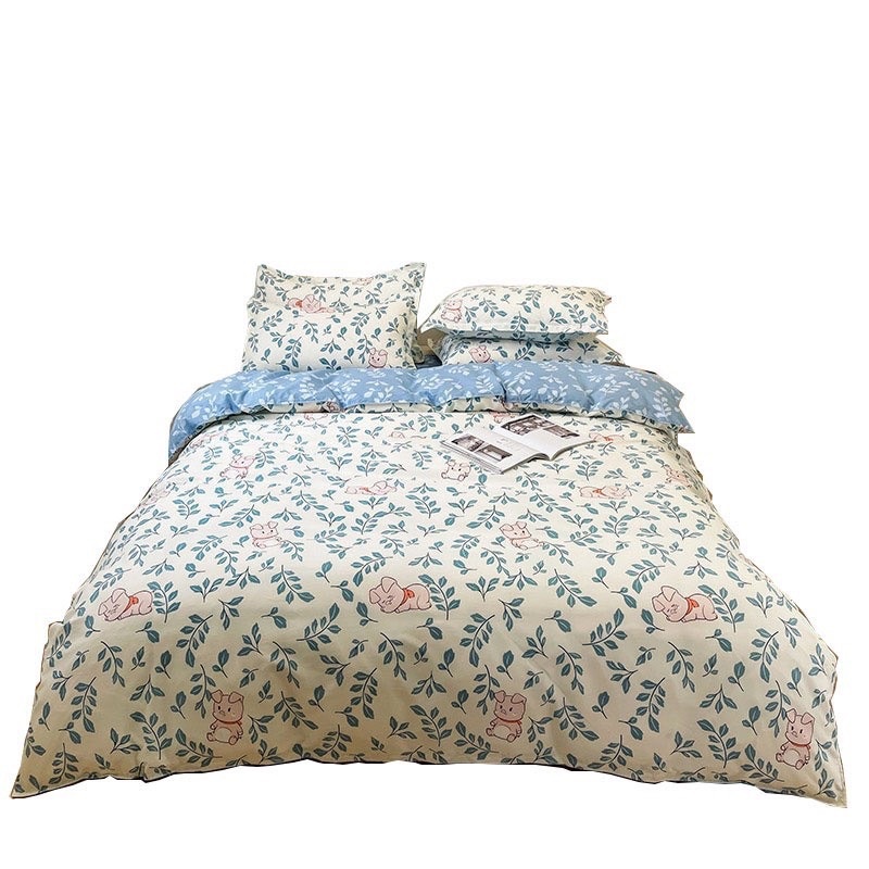 Bộ Chăn Ga Gối Cotton Poly Hizun Mẫu Hoa Heo Xanh