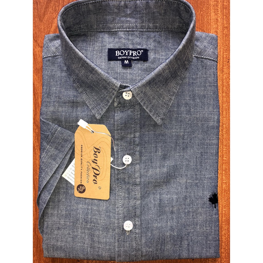 Áo Sơ Mi Tay Ngắn Cotton Jeans Màu Xanh FO012