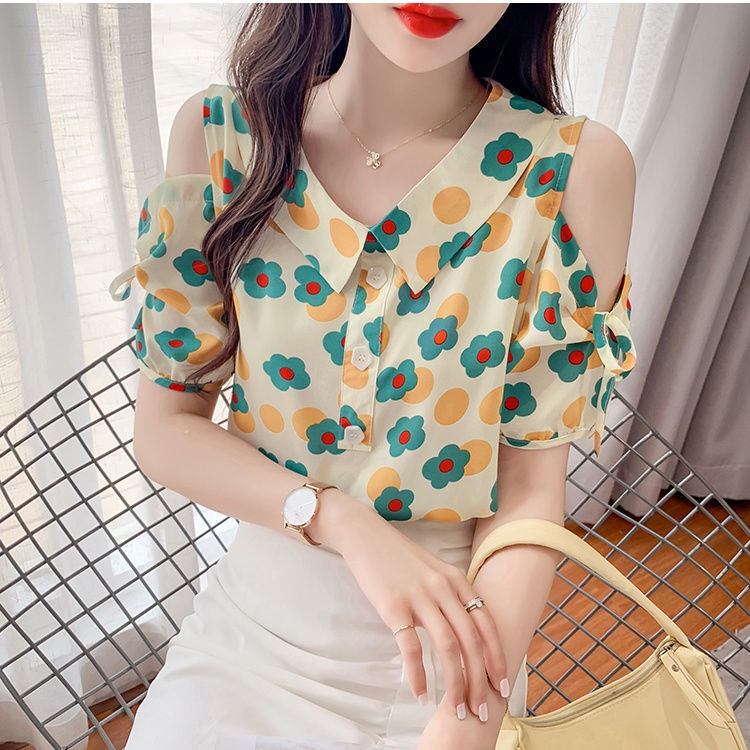 Áo Sơ Mi chiffon Tay Ngắn Cổ Búp Bê Dáng Rộng In Họa Tiết Hoa Thời Trang Mùa Hè Cho Nữ