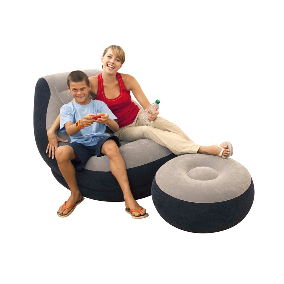 Ghế lười bơm hơi sofa chính hãng Intex - Sofa kèm đôn - Thư giãn nghỉ ngơi bề mặt nhung êm ái - Màu cafe