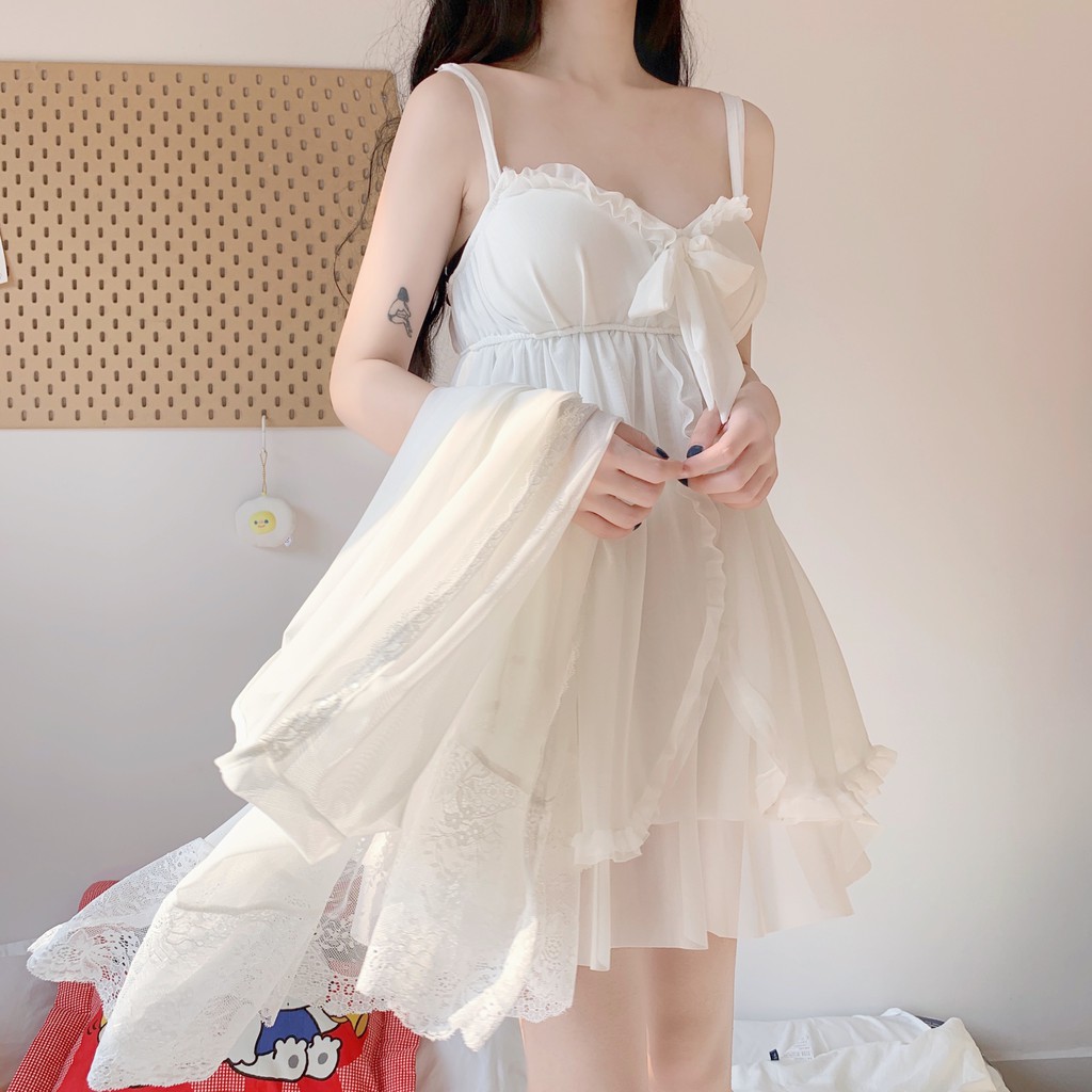 (M.51) Set áo choàng và váy ngủ sexy có mút ngực cao cấp Đầm mặc nhà gợi cảm quyến rũ