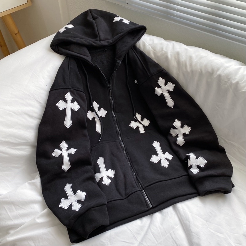 Áo khoác nỉ unisex Homies liền mũ có túi khoá kéo in hình CROSS