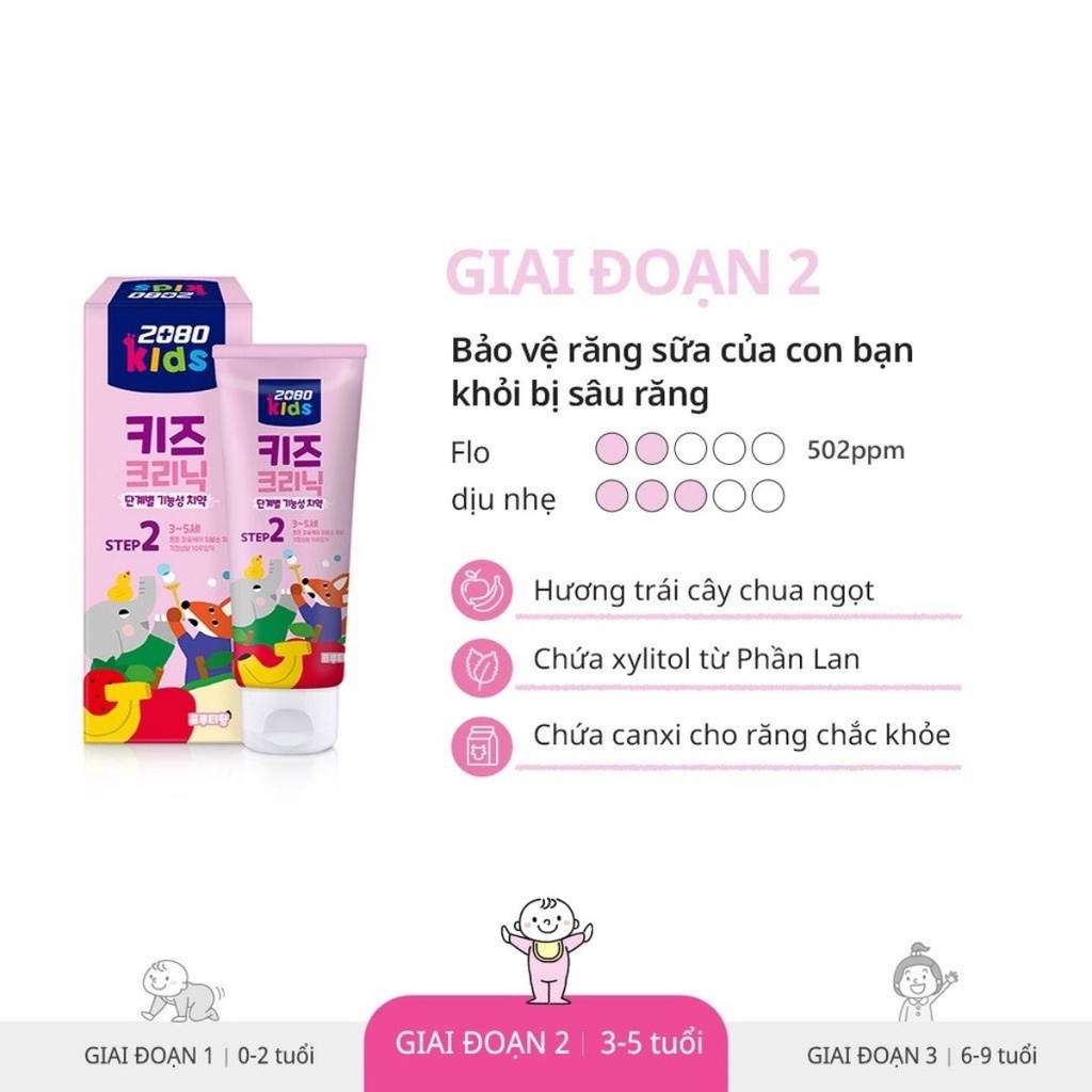 Kem đánh răng Kids Clinic 2080 bước 2 cho bé 3 - 5 tuổi mùi hoa quả chứa canxi cho răng chắc khoẻ, ngừa sâu răng 80g