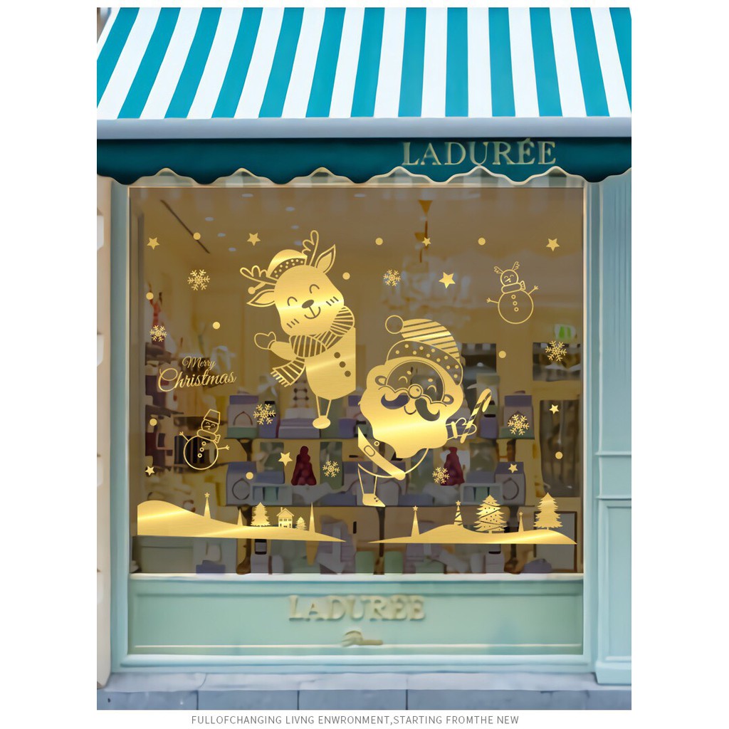 Decal trang trí tường Noel - Ông già noel tuần lộc nhí chào lễ ánh vàng cao cấp ( size lớn )