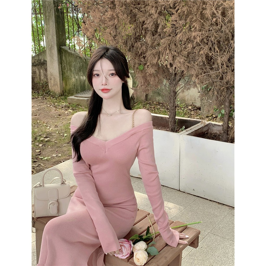 (𝐂𝐎́ 𝐒𝐀̆̃𝐍) Váy len dài tay thiết kế trễ vai phong cách thanh lịch sang trọng hàng Quảng Châu cao cấp thu đông 2021