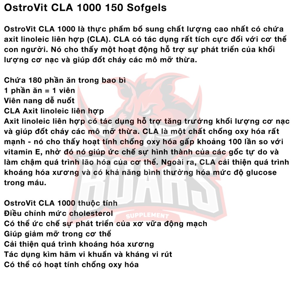 OSTROVIT CLA 1000mg -THỰC PHẨM SỨC KHỎE HỖ TRỢ GIẢM MỠ AN TOÀN (150 VIÊN)