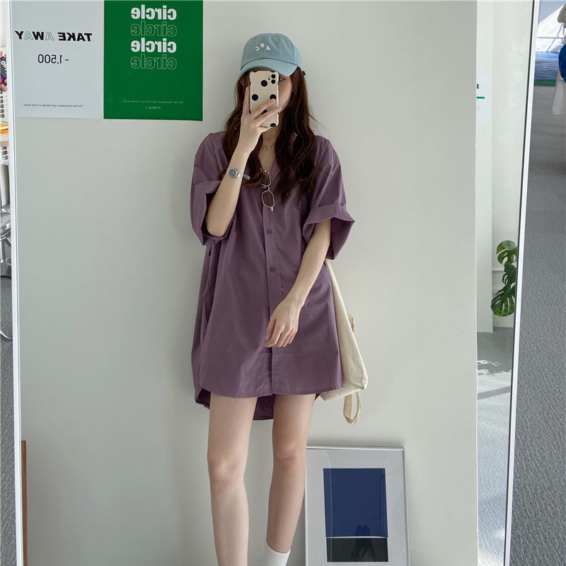 Áo Sơ Mi Nữ Tay Ngắn Màu Tím Phong Cách Hong Kong Cổ Điển Hàng Mới