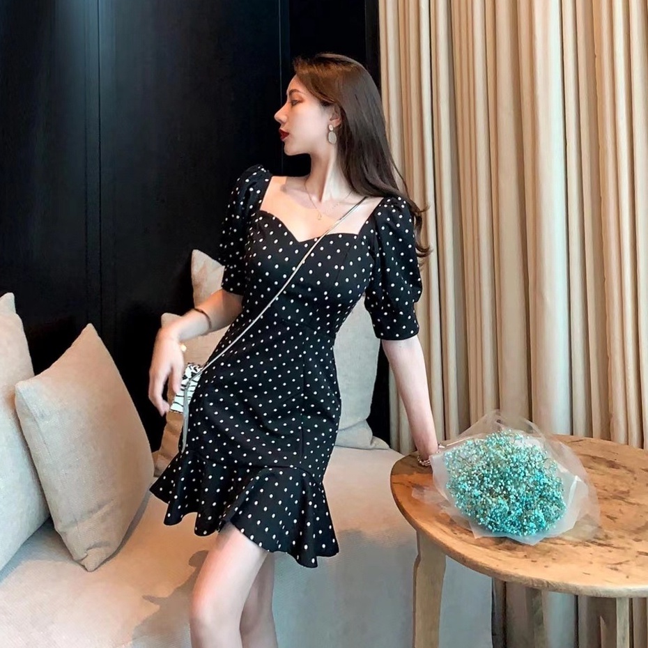 Đầm Ngắn Dáng Chữ A Tay Phồng Cổ Chữ V Họa Tiết Chấm Bi Kiểu Hàn Quốc Thời Trang Mùa Hè 2022