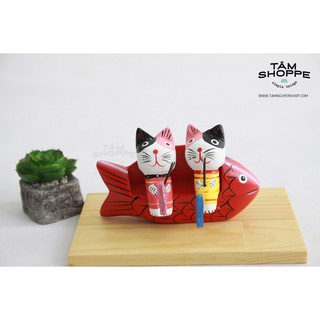 Bộ 2 mèo gỗ câu cá ngồi ghế cá chép TAN