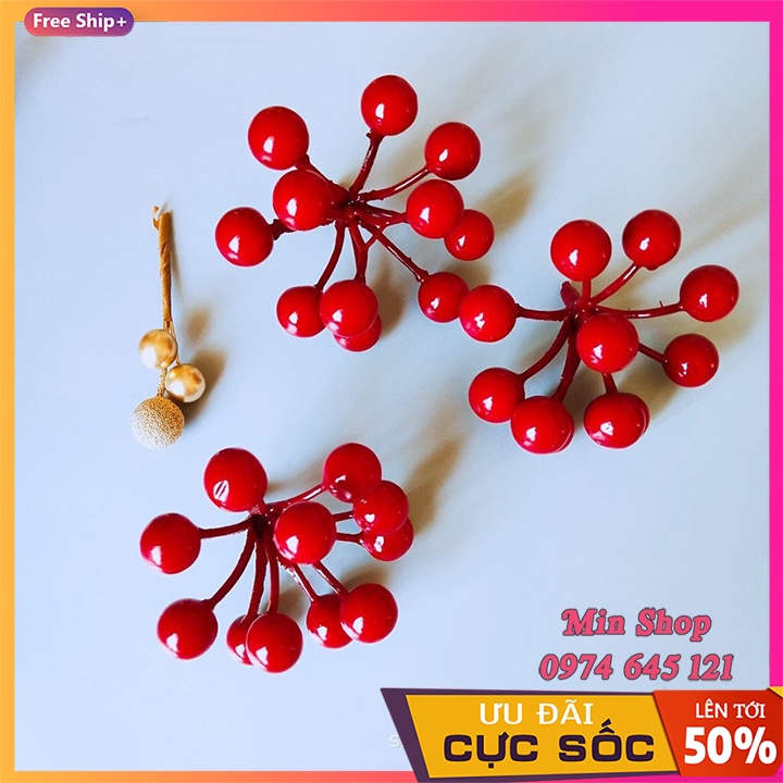 Chùm cherry đỏ nhiều quả  trang trí giáng sinh, Noel, Tết