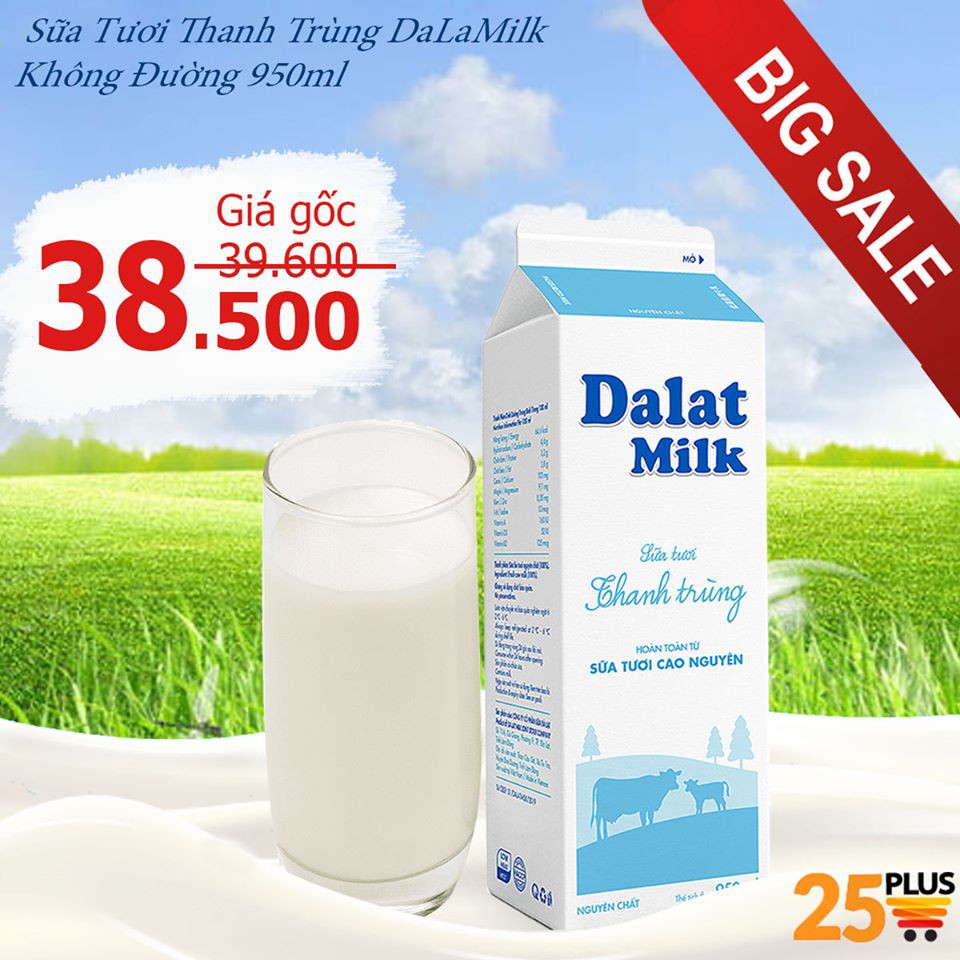 Sữa Tươi Thanh Trùng Không Đường, Đà Lạt Milk, 950ml
