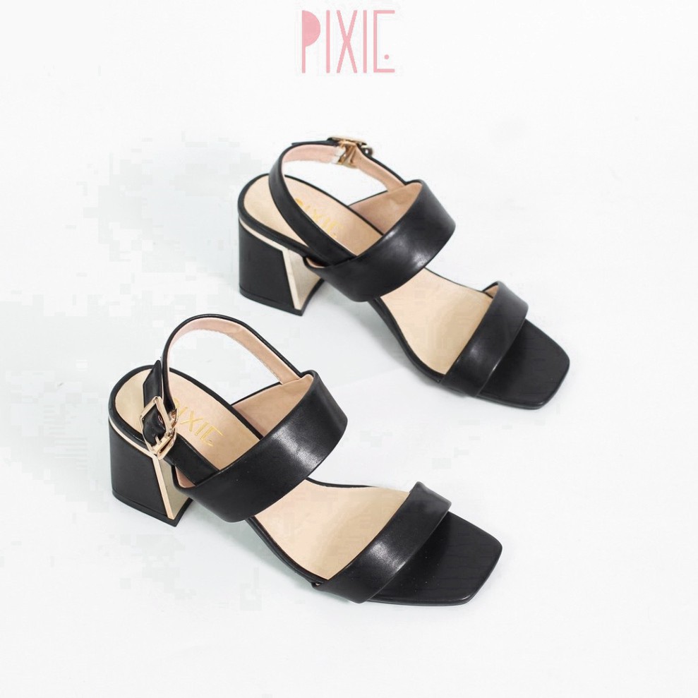 Giày Sandal Cao Gót 5cm Đế Vuông Ốp Đồng Quai Ngang Pixie X462