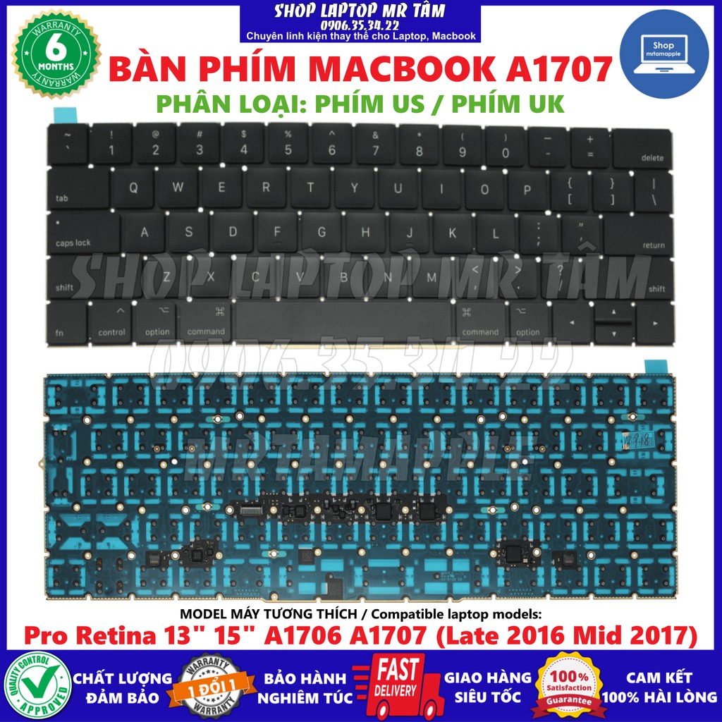 (KEYBOARD) BÀN PHÍM LAPTOP MACBOOK A1707 (US) dùng cho Pro Retina 13&quot; 15&quot; A1706 A1707 (Late 2016 Mid 2017)