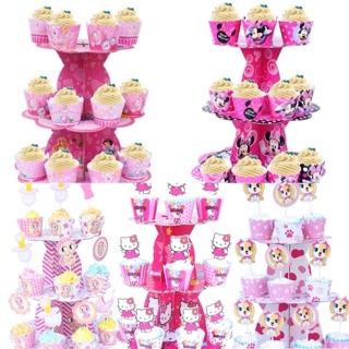 Tháp bánh 3 tầng + tem cắm + ly cupcake mẫu bé gái trang trí sinh nhật, thôi nôi, đầy tháng…