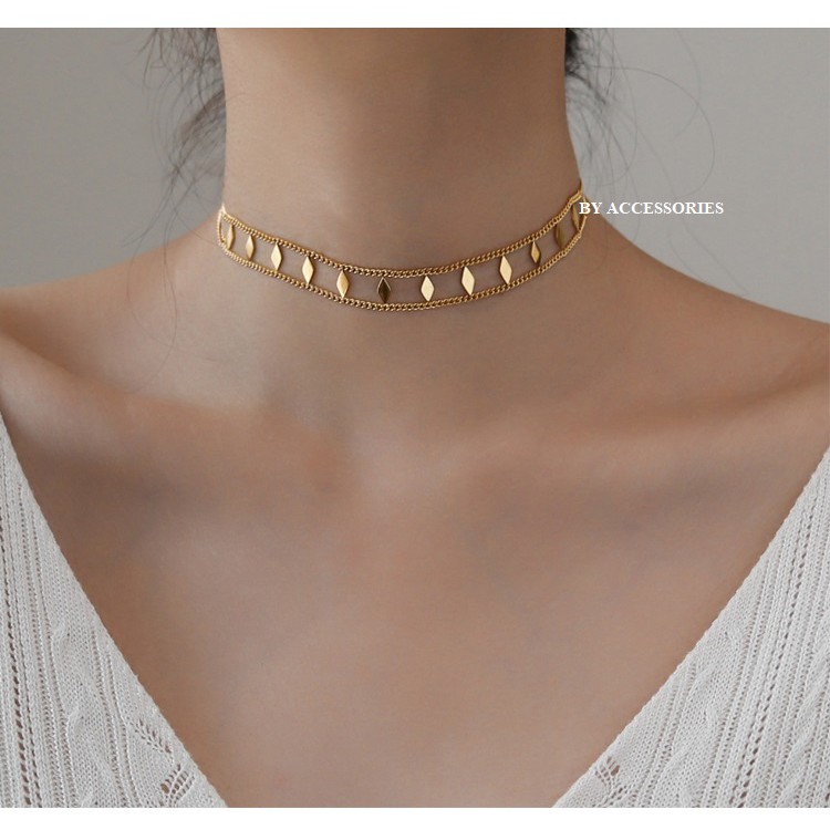 Choker titan lưới xích song song phối mặt hình thoi không gỉ
