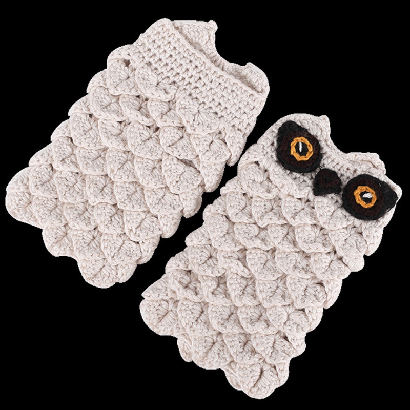 Găng Tay Len Dệt Kim Hở Ngón Họa Tiết Cú Hoạt Hình Giữ Ấm Mùa Đông