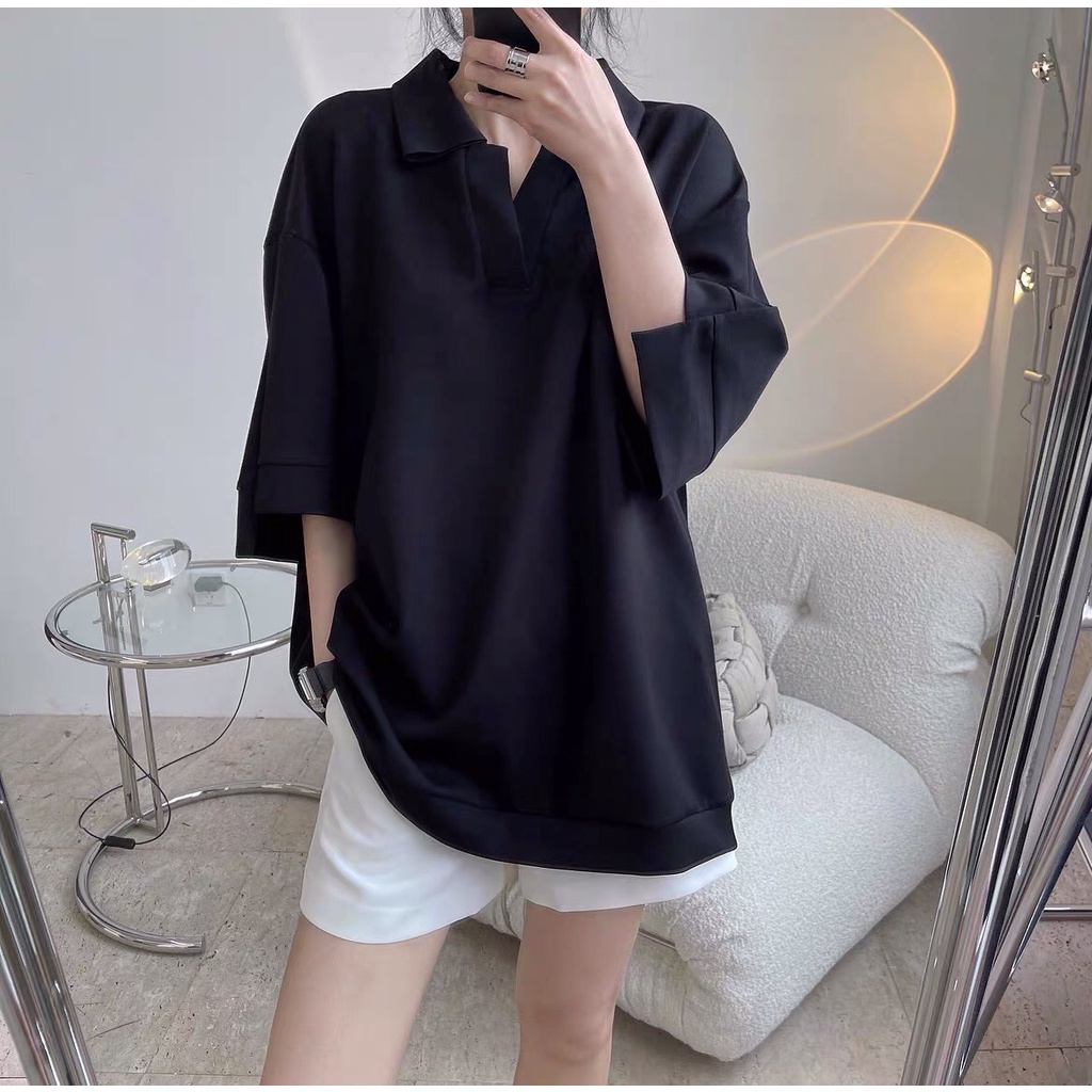 Áo phông tay lỡ cổ polo basic cực dễ phối đồ