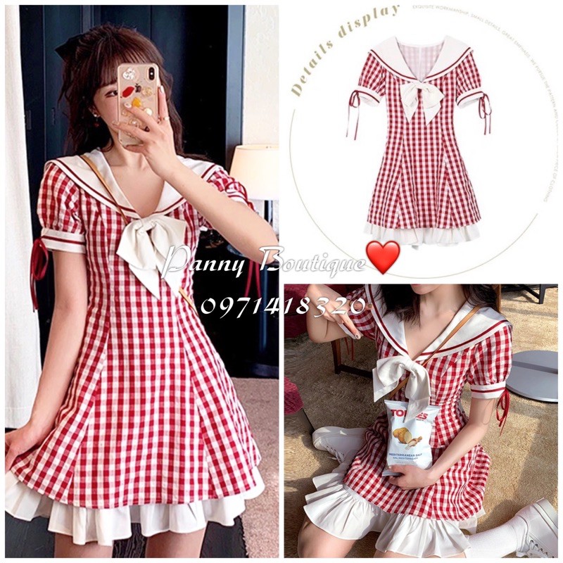 Đầm kiểu cổ thuỷ thủ kẻ caro trắng đỏ, style ulzzang Hàn Quốc 🌻 Panny Boutique 🌻